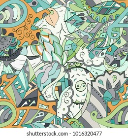 Tracery seamless pattern. Mehndi design. Ethnic colorful doodle texture. Curved doodling background. Vector