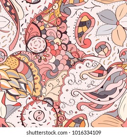 Tracery seamless pattern. Mehndi design. Ethnic colorful doodle texture. Curved doodling background. Vector