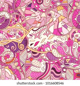 Tracery seamless pattern. Mehndi design. Ethnic colorful doodle texture. Curved doodling background. Vector