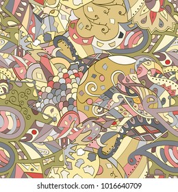 Tracery seamless pattern. Mehndi design. Ethnic colorful doodle texture. Curved doodling background. Vector