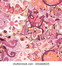Tracery seamless pattern. Mehndi design. Ethnic colorful doodle texture. Curved doodling background. Vector