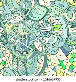 Tracery seamless pattern. Mehndi design. Ethnic colorful doodle texture. Curved doodling background. Vector