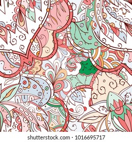 Tracery seamless pattern. Mehndi design. Ethnic colorful doodle texture. Curved doodling background. Vector