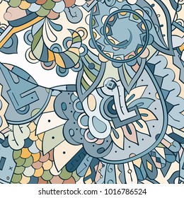 Tracery seamless pattern. Mehndi design. Ethnic colorful doodle texture. Curved doodling background. Vector