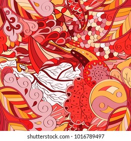 Tracery seamless pattern. Mehndi design. Ethnic colorful doodle texture. Curved doodling background. Vector