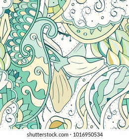 Tracery seamless pattern. Mehndi design. Ethnic colorful doodle texture. Curved doodling background. Vector