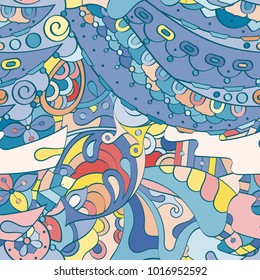 Tracery seamless pattern. Mehndi design. Ethnic colorful doodle texture. Curved doodling background. Vector