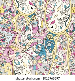 Tracery seamless pattern. Mehndi design. Ethnic colorful doodle texture. Curved doodling background. Vector