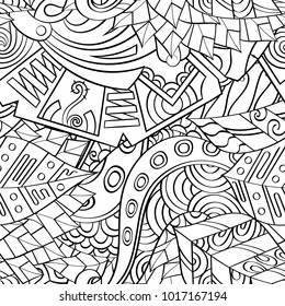 Tracery seamless pattern. Mehndi design. Ethnic monochrome binary doodle texture. Curved doodling black and white background. Vector