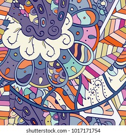 Tracery seamless pattern. Mehndi design. Ethnic colorful doodle texture. Curved doodling background. Vector