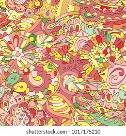 Tracery seamless pattern. Mehndi design. Ethnic colorful doodle texture. Curved doodling background. Vector