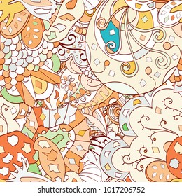 Tracery seamless pattern. Mehndi design. Ethnic colorful doodle texture. Curved doodling background. Vector