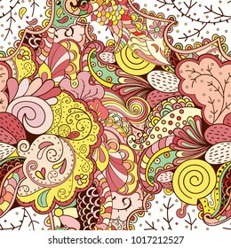 Tracery seamless pattern. Mehndi design. Ethnic colorful doodle texture. Curved doodling background. Vector