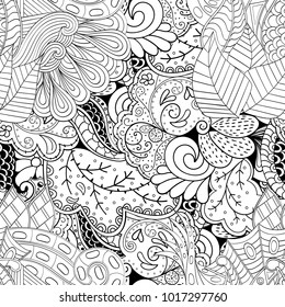 Tracery seamless pattern. Mehndi design. Ethnic monochrome binary doodle texture. Curved doodling black and white background. Vector
