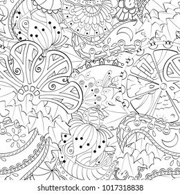 Tracery seamless pattern. Mehndi design. Ethnic monochrome binary doodle texture. Curved doodling black and white background. Vector