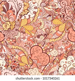 Tracery seamless pattern. Mehndi design. Ethnic colorful doodle texture. Curved doodling background. Vector