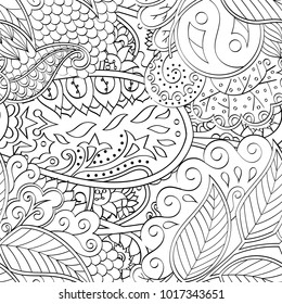 Tracery seamless pattern. Mehndi design. Ethnic monochrome binary doodle texture. Curved doodling black and white background. Vector