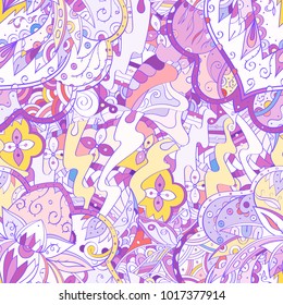 Tracery seamless pattern. Mehndi design. Ethnic colorful doodle texture. Curved doodling background. Vector