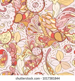 Tracery seamless pattern. Mehndi design. Ethnic colorful doodle texture. Curved doodling background. Vector