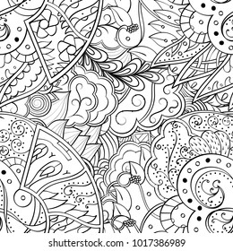 Tracery seamless pattern. Mehndi design. Ethnic monochrome binary doodle texture. Curved doodling black and white background. Vector