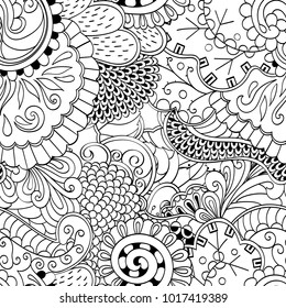 Tracery seamless pattern. Mehndi design. Ethnic monochrome binary doodle texture. Curved doodling black and white background. Vector