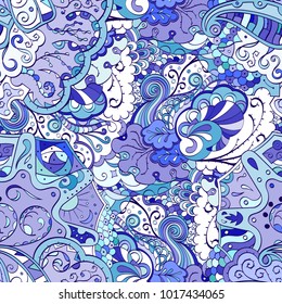 Tracery seamless pattern. Mehndi design. Ethnic colorful doodle texture. Curved doodling background. Vector