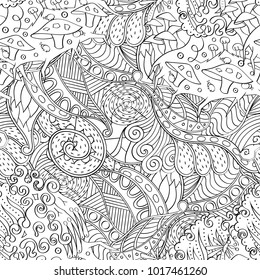 Tracery seamless pattern. Mehndi design. Ethnic monochrome binary doodle texture. Curved doodling black and white background. Vector