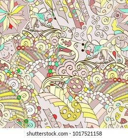 Tracery seamless pattern. Mehndi design. Ethnic colorful doodle texture. Curved doodling background. Vector
