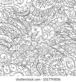 Tracery seamless pattern. Mehndi design. Ethnic monochrome binary doodle texture. Curved doodling black and white background. Vector