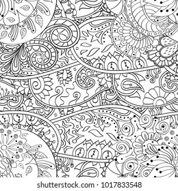 Tracery seamless pattern. Mehndi design. Ethnic monochrome binary doodle texture. Curved doodling black and white background. Vector