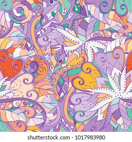 Tracery seamless pattern. Mehndi design. Ethnic colorful doodle texture. Curved doodling background. Vector