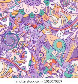 Tracery seamless pattern. Mehndi design. Ethnic colorful doodle texture. Curved doodling background. Vector