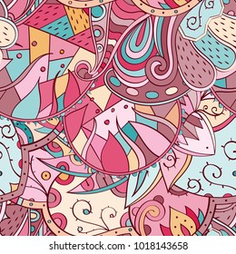 Tracery seamless pattern. Mehndi design. Ethnic colorful doodle texture. Curved doodling background. Vector