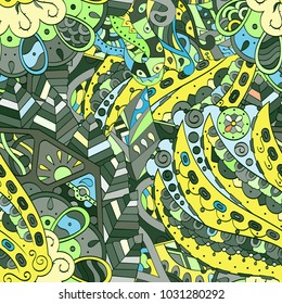 Tracery seamless pattern. Mehndi design. Ethnic colorful doodle texture. Curved doodling background. Vector