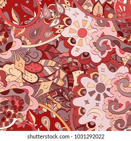 Tracery seamless pattern. Mehndi design. Ethnic colorful doodle texture. Curved doodling background. Vector