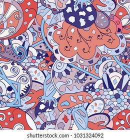 Tracery seamless pattern. Mehndi design. Ethnic colorful doodle texture. Curved doodling background. Vector