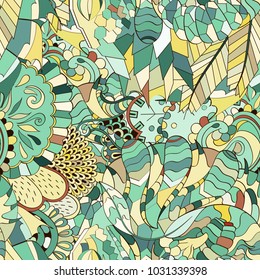 Tracery seamless pattern. Mehndi design. Ethnic colorful doodle texture. Curved doodling background. Vector