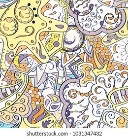 Tracery seamless pattern. Mehndi design. Ethnic colorful doodle texture. Curved doodling background. Vector