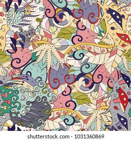 Tracery seamless pattern. Mehndi design. Ethnic colorful doodle texture. Curved doodling background. Vector