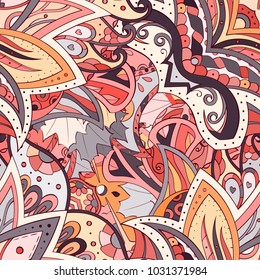 Tracery seamless pattern. Mehndi design. Ethnic colorful doodle texture. Curved doodling background. Vector
