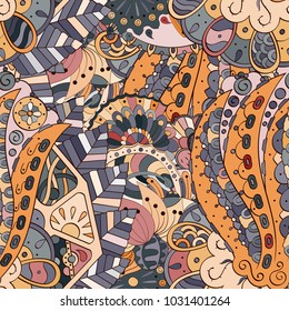 Tracery seamless pattern. Mehndi design. Ethnic colorful doodle texture. Curved doodling background. Vector