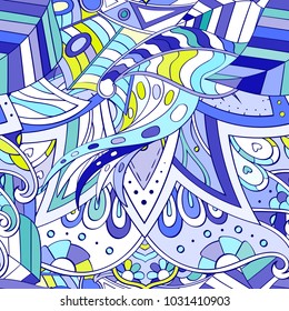 Tracery seamless pattern. Mehndi design. Ethnic colorful doodle texture. Curved doodling background. Vector