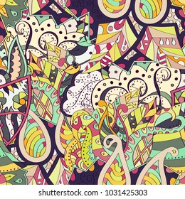 Tracery seamless pattern. Mehndi design. Ethnic colorful doodle texture. Curved doodling background. Vector