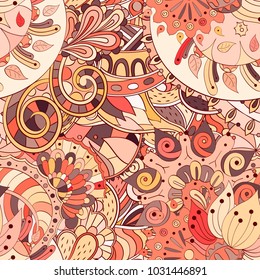 Tracery seamless pattern. Mehndi design. Ethnic colorful doodle texture. Curved doodling background. Vector