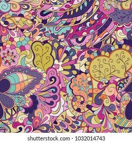 Tracery seamless pattern. Mehndi design. Ethnic colorful doodle texture. Curved doodling background. Vector