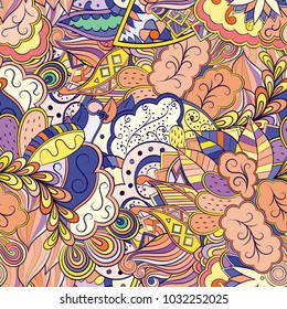 Tracery seamless pattern. Mehndi design. Ethnic colorful doodle texture. Curved doodling background. Vector