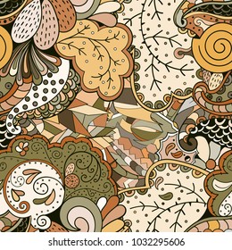 Tracery seamless pattern. Mehndi design. Ethnic colorful doodle texture. Curved doodling background. Vector