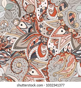 Tracery seamless pattern. Mehndi design. Ethnic colorful doodle texture. Curved doodling background. Vector