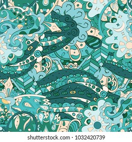 Tracery seamless pattern. Mehndi design. Ethnic colorful doodle texture. Curved doodling background. Vector