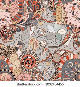 Tracery seamless pattern. Mehndi design. Ethnic colorful doodle texture. Curved doodling background. Vector